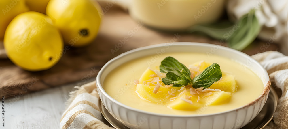 Lemon custard pie in a white dish, topped with fresh lemon slices and mint, rustic setting Lemon custard pie in a white dish, topped with fresh lemon slices and mint, rustic setting