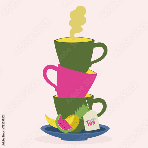 Flat Design Summer  Illustration with Three Cups Tea with Fruits Taste