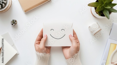 Top-down view of hands holding smiling face on paper, mental health and wellness, promoting focus and positivity in education, Workspace setup for learning and creativity