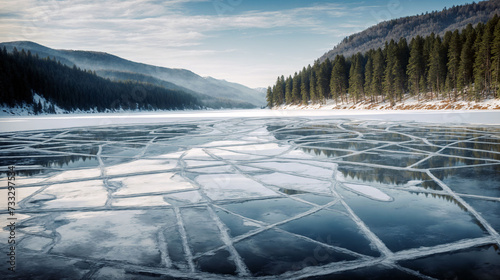 Winter serenity at dawn on a frozen lake in the middle of a snow-covered forest