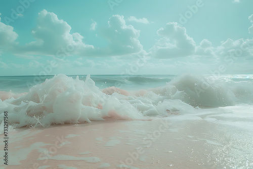 a beach with a lot of waves and sky over the ocean in