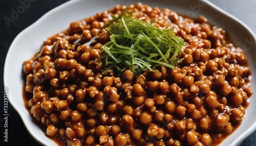 A bowl of food with a green garnish on top