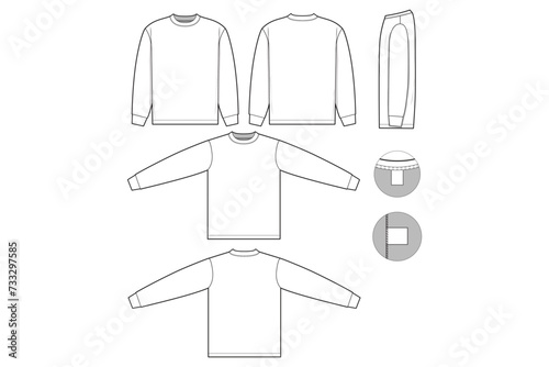 slim fit t-shirt flat technical drawing illustration long sleeve blank streetwear mock-up template for design and tech packs men or unisex (ID: 733297585)