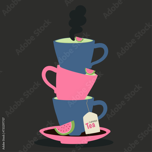 Flat Design Illustration with Three Cups Tea with Watermelon Taste
