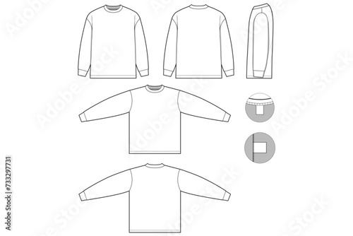 slim fit t-shirt flat technical drawing illustration long sleeve blank streetwear mock-up template for design and tech packs men or unisex (ID: 733297731)