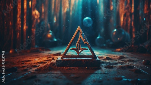 A mystical mysterious alchemical symbol of a triangular shape with a mysterious rune photo