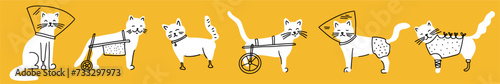 Vector collection of disabled cats with prosthetics, hand-drawn in the style of doodles.