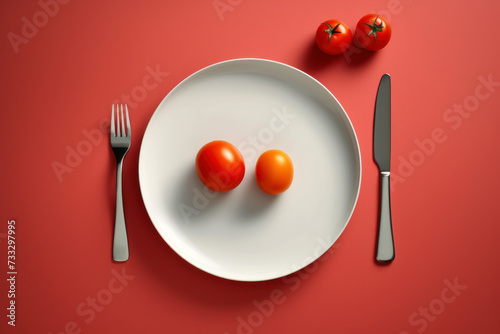 Minimalist food concept with two tomatoes arranged on a white plate, cutlery on sides © DP