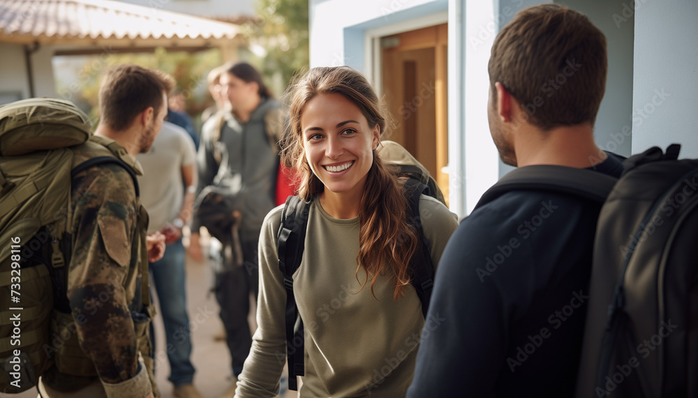 Fototapeta premium A happy female soldier coming home