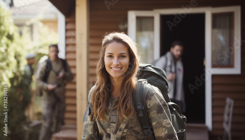 A happy female soldier coming home