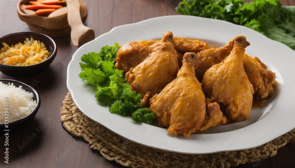A plate of chicken with broccoli and a bowl of rice A plate of chicken with broccoli and a bowl of rice