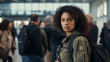 A beautiful black female in military attire with a backpack standing in an airport