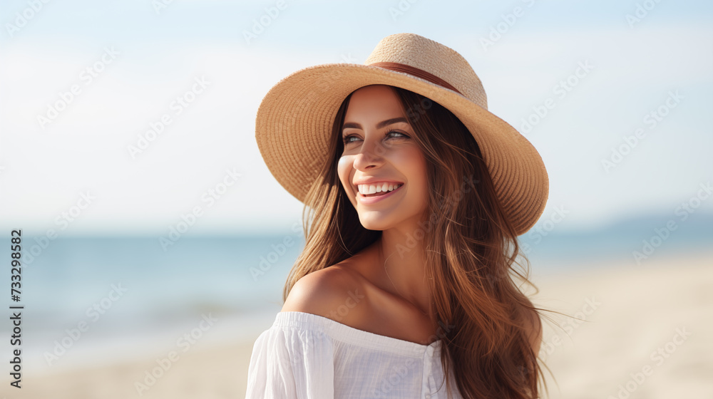 Beautiful girl with straw hat smiling on sunny beach in summer style fashion trend outfit happy, freedom, Beach vacation, Generative AI