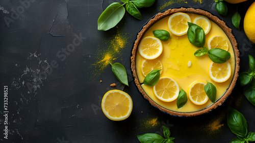 Fresh lemon tart decorated with vibrant basil leaves, citrus zest, on a textured dark background