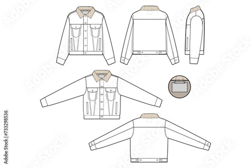 Men unisex cropped sherpa denim jean jacket trucker vector flat technical drawing illustration mock-up template for design and tech packs fashion CAD streetwear fashion brand design resource baggy