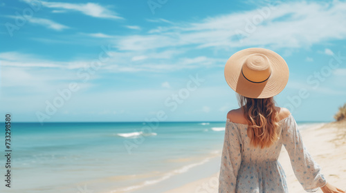 Back view young tourist woman in summer dress and hat standing on beautiful sandy beach. Cute girl enjoy her tropical sea on relax holiday vacation during summer time and sunshine day, Generative AI