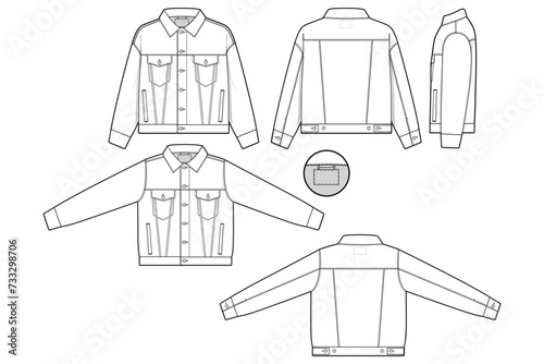 unisex regular fit denim jean jacket trucker vector flat technical drawing illustration mock-up template for design and tech packs fashion CAD streetwear fashion brand design resource file