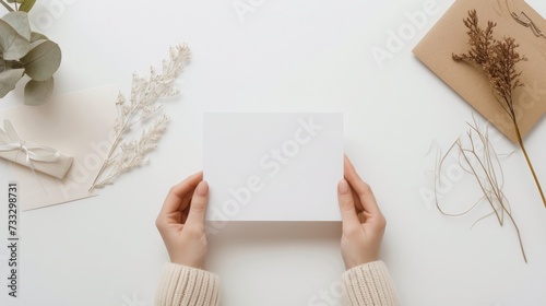 A top-down perspective of a school workspace with hands holdin a blank white paper, mental health and wellness, promoting focus and positivity in education, Workspace setup for learning and creativity