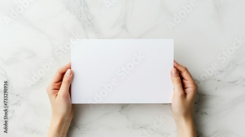 A top-down perspective of a school workspace with hands holdin a blank white paper, mental health and wellness, promoting focus and positivity in education, Workspace setup for learning and creativity
