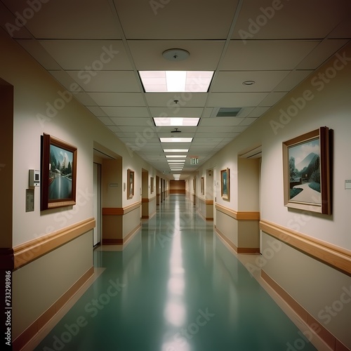 Pristine Hospital Corridor with Artwork and Ambient Lighting