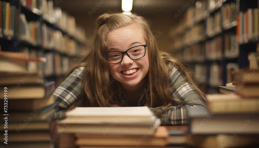 A happy teenage girl with Down syndrome in a library surrounded by books, evoking a sense of limitless possibilities A happy teenage girl with Down syndrome in a library surrounded by books, evoking a sense of limitless possibilities