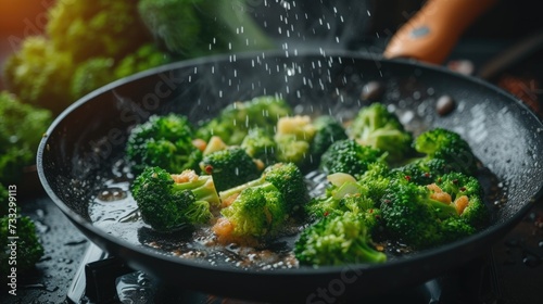 The image captures the vibrant green florets of broccoli being cooked in a black non-stick frying pan. Tiny droplets of seasoning or steam are visibly frozen in mid-air above the pan, highlighting the