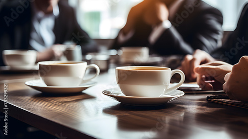 Kaffee Tassen auf einem Besprechungstisch. Im Hintergrund Geschäftsleute in einer Besprechung photo