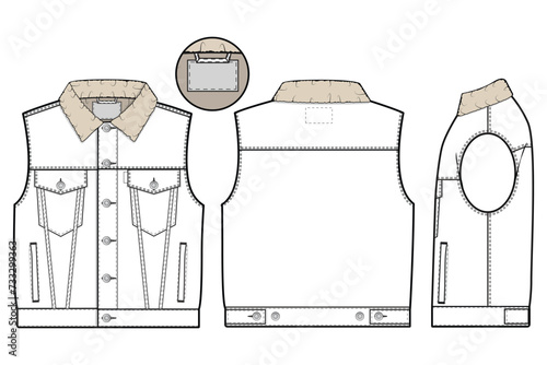 unisex slim fit denim jean jacket vest cutoff sleeveless Collared Flat Technical Drawing Illustration Blank Mock-up Template for Design and Tech Packs CAD Technical Sketch baggy