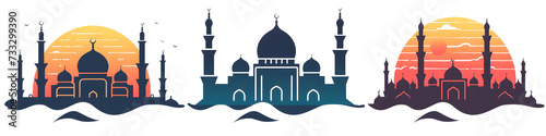 A retro-style logo set of the Great Mosque of Mecca, featuring an abstract symbol of the dome. Suitable for religious and cultural events, use in architecture or travel-related materials.