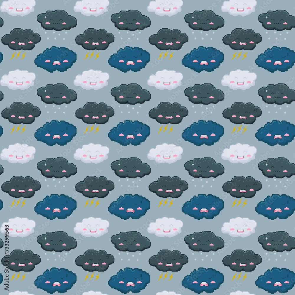 Cute seamless cloud pattern with various expressions according to the weather, on a gray background. Great for handkerchief designs, wrapping paper, printed fabrics, dress designs, etc