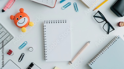 Top-down view of an organized desk featuring school supplies, promoting mental well-being and efficient study habits, Study learning space with educational tools, a calm educational environment