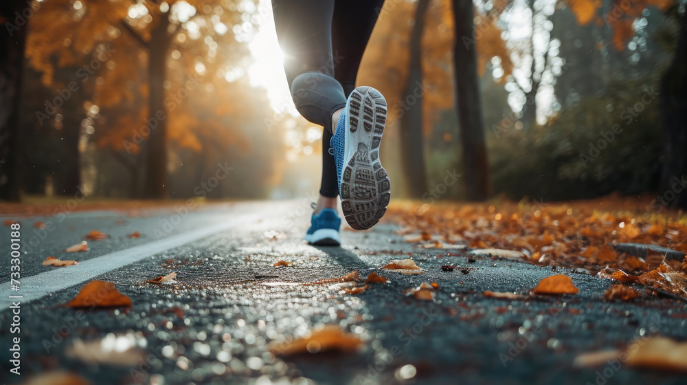 A woman runs on a treadmill with markings in the park along autumn leaves against the backdrop of sunset. Close-up of a woman's legs while jogging. - obrazy, fototapety, plakaty 