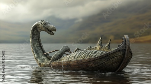 Fantasy dragon boat on the lake