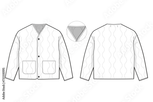 military army quilted liner jacket flat technical drawing illustration mock-up template for design and tech packs men or unisex fashion CAD streetwear women workwear utility