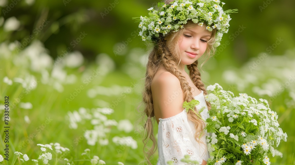 Young Girl Wearing a Floral Wreath in a Blossoming Meadow Celebrating Mothers Day