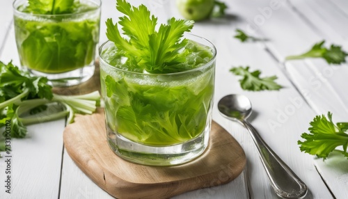 A glass of green herbs with a spoon on a cutting board
