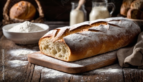 A long loaf of bread with powdered sugar on it