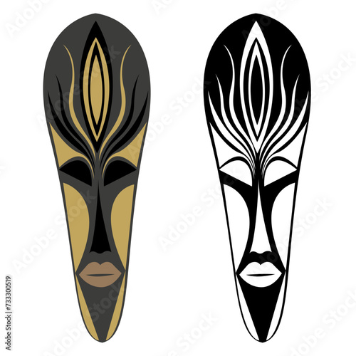 Tribal African mask, in color and black and white format, ethnic Egyptian style ideal for modern interior design, logo, print, banners, articles. Vector graphics. photo