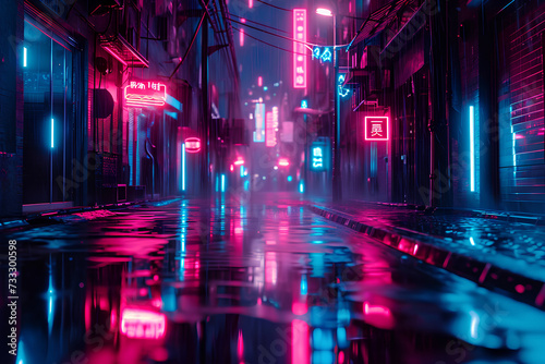  minimalist cyberpunk alley with vibrant neon lights and subtle rain reflections