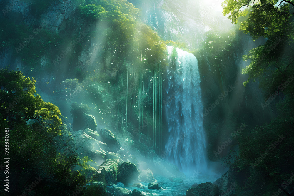 An ethereal scene unfolds as the waterfall cascades into a fantastical realm beyond imagination. - obrazy, fototapety, plakaty 