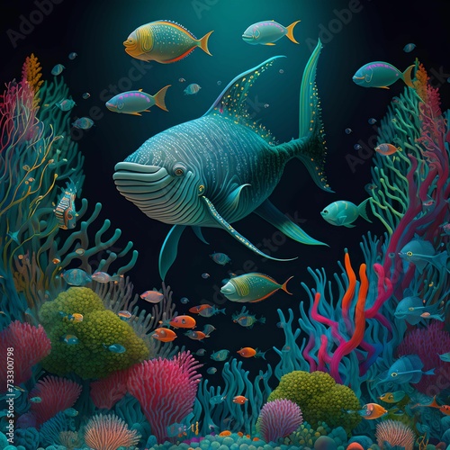 AI generated illustration of a tropical fish swimming underwater surrounded by coral and fish