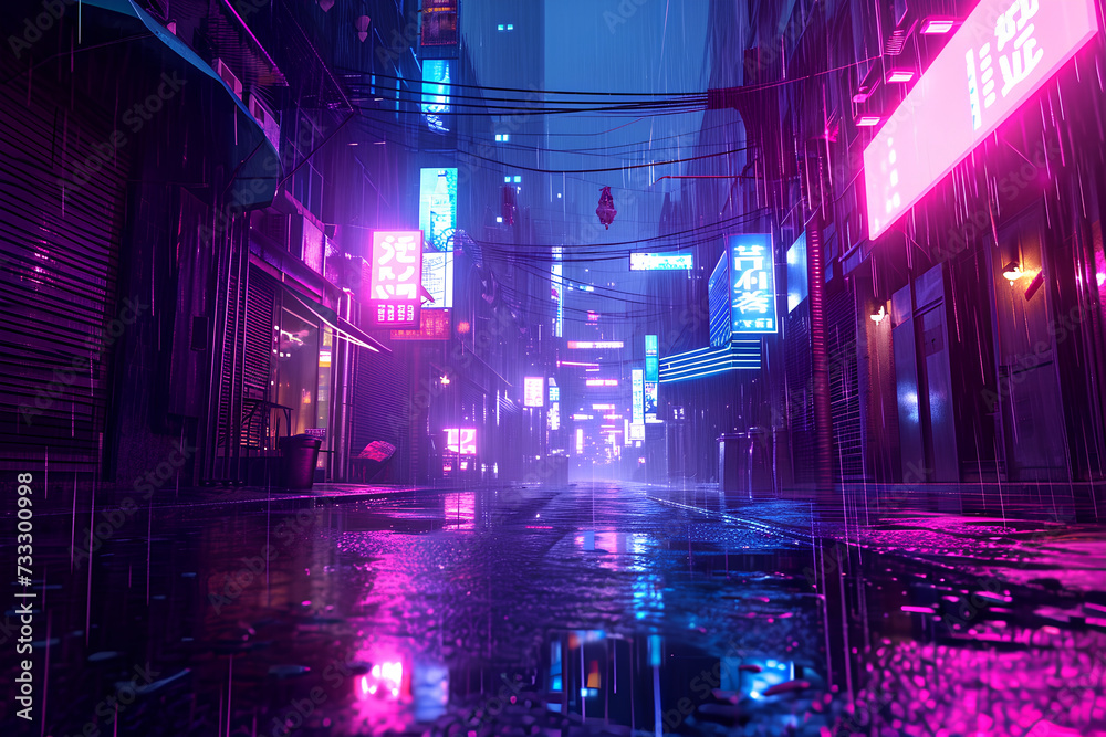  minimalist cyberpunk alley with vibrant neon lights and subtle rain reflections
