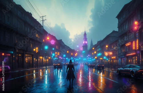 AI generated illustration of a silhouette of a person walking in a glowing dystopian city