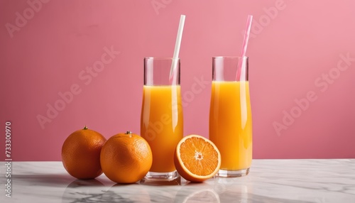Three glasses of orange juice with oranges and a slice of orange