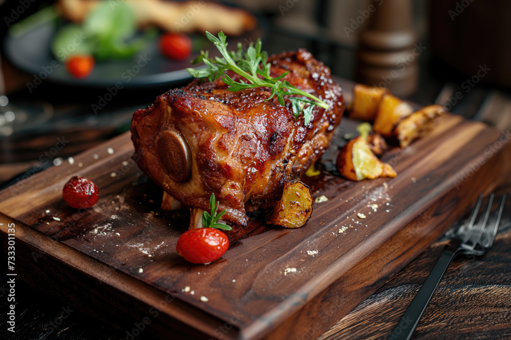 Roasted Pork knuckle with potatoes, on a wooden chopping board, homemade - obrazy, fototapety, plakaty 