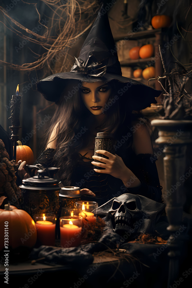 Witch drinking magic potion sitting at table candlelit lair skull pumpkin