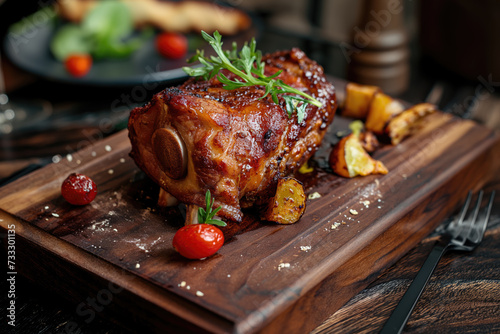 Roasted Pork knuckle with potatoes, on a wooden chopping board, homemade photo