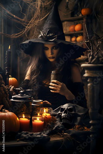 Witch in dark room with candles, potions, and a skull on Halloween night