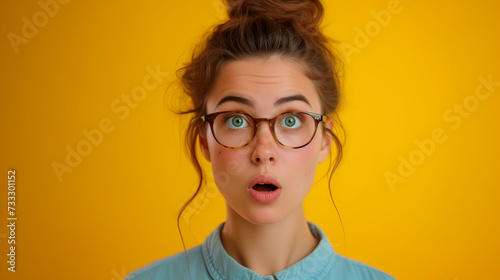 Stunned Beauty woman standing in front of yellow background, lively facial expressions, Wonder, shocked, surprised, screaming