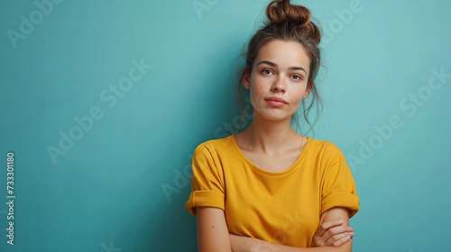 a young girl in yellow shirt with arms crossed posing in front of a blue wall